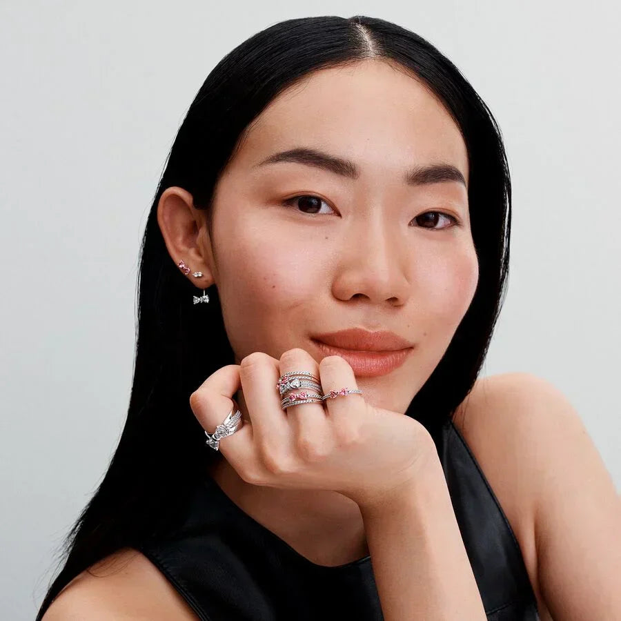 Brincos Espigão Laço Rosa Brilhante